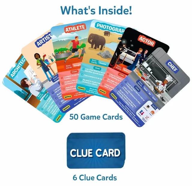 Profession game cards fanned out, such as architect, artist, athlete, photographer, actor and chef, with a blue clue card