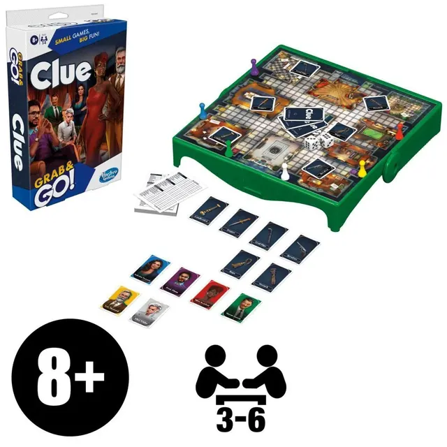 The box beside the travel board and cards, with Hasbro's 8+ and 3 to 6 players marks