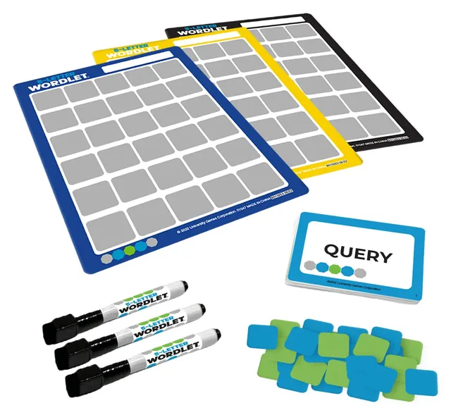 Three dry-erase guessing boards, markers, a Query word card and blue and green answer chips