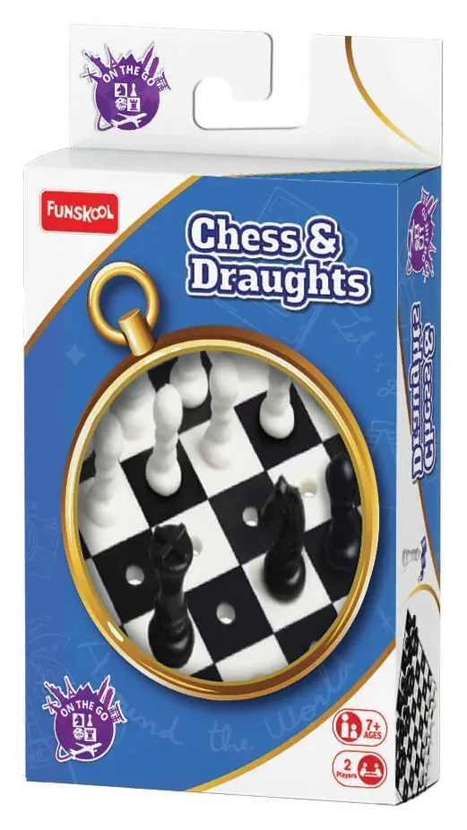 Funskool's Chess & Draughts travel pack, blue, with a small chessboard on the front