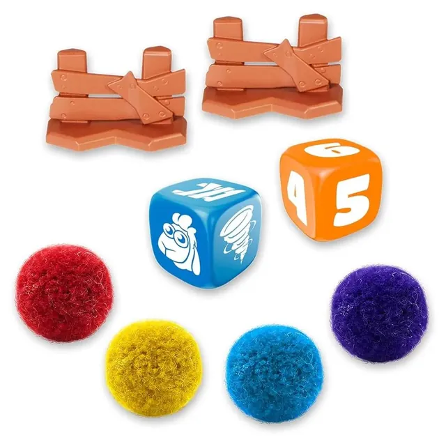 Two wooden-look fences, two dice and red, yellow, blue and purple sheep pom-poms