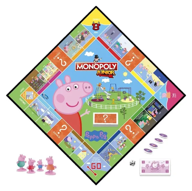 The board with Peppa's world, the Pig family tokens, sold signs, money and Chance cards