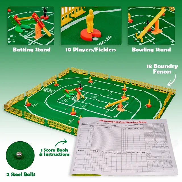 The maker's contents picture: batting stand, bowling stand, ten fielders, boundary fences, a score book and two steel balls