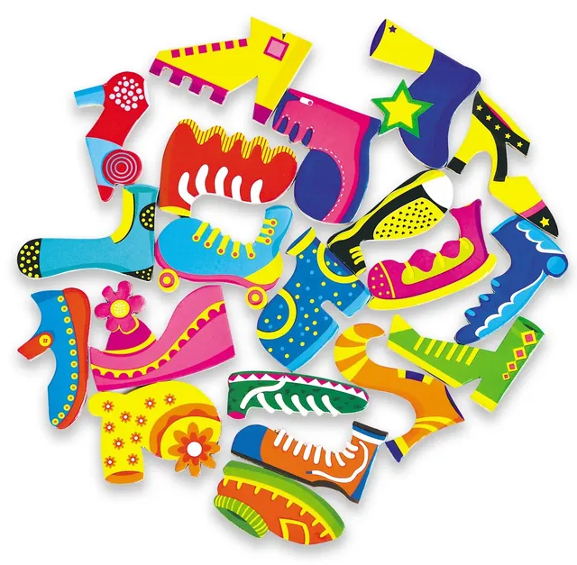 A pile of colourful shoe pieces: boots, trainers and heels