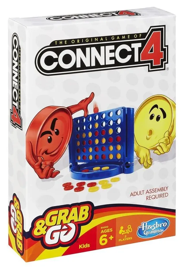 Hasbro India's older Connect 4 Grab & Go box, with cartoon red and yellow discs on the front