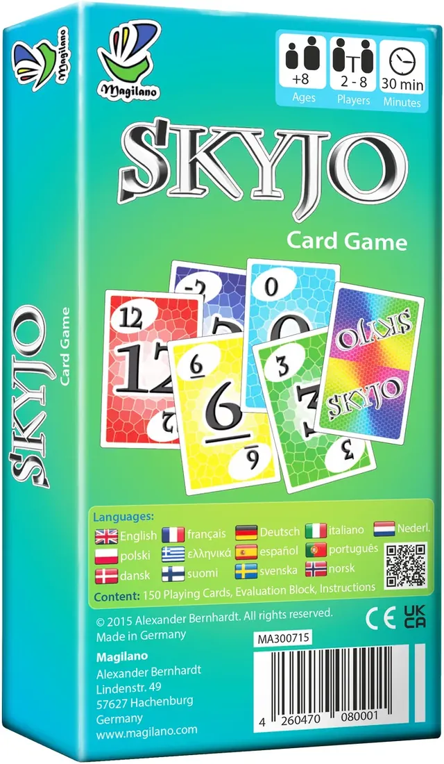 The back of the SKYJO box with the contents and languages listed