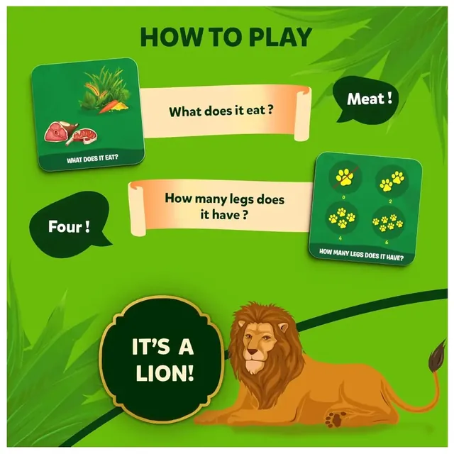How to play: the tiles ask What does it eat? (meat) and How many legs does it have? (four), and the answer is a lion