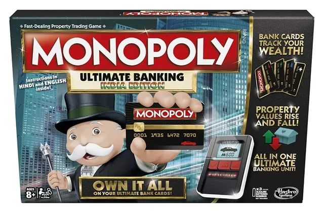 A Monopoly Ultimate Banking box marked India Edition, with instructions in Hindi and English