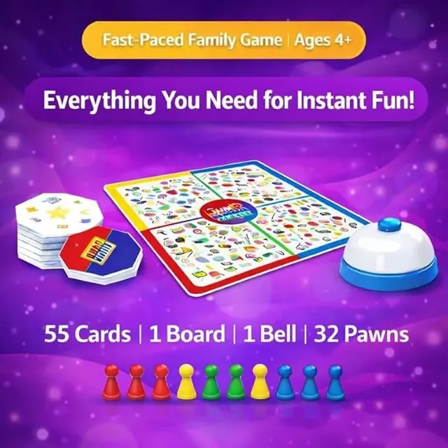 Clapjoy's contents picture: 55 cards, 1 board, 1 bell and 32 pawns