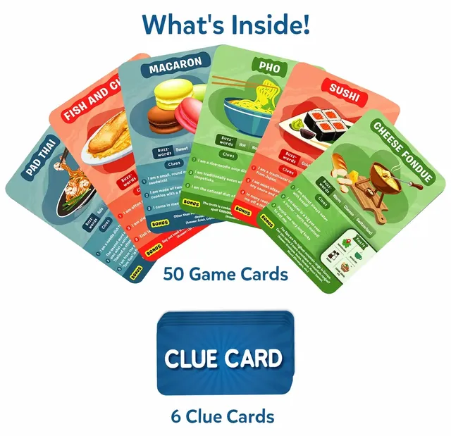 Food game cards fanned out, such as pad thai, fish and chips, macarons, pho, sushi and cheese fondue, with a blue clue card