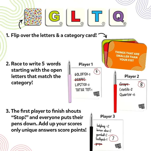 How to play: flip the letters and a category card, race to write five words, and shout Stop!