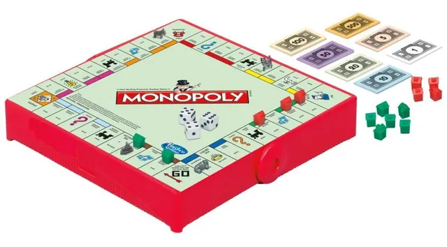 The small red Monopoly board on its storage base, with dice, houses, hotels, money and title deeds
