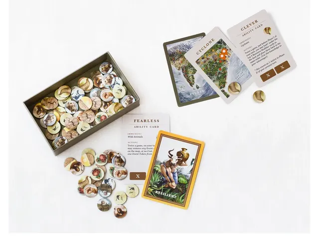 Advanced-game parts on a white table: an open tray of round illustrated event tokens, a Cyclone event card, the back of an event card, and the text sides of the Fearless and Clever ability cards