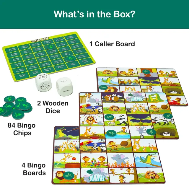 What's in the box: 4 bingo boards, 84 bingo chips, 2 wooden dice and the caller board