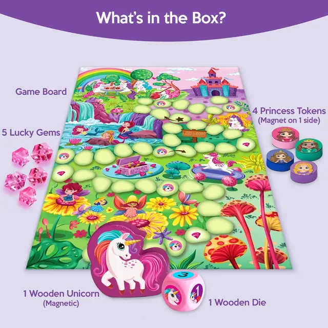 What's in the box: the game board, 4 princess tokens with a magnet on one side, 5 lucky gems, a magnetic wooden unicorn and a wooden die