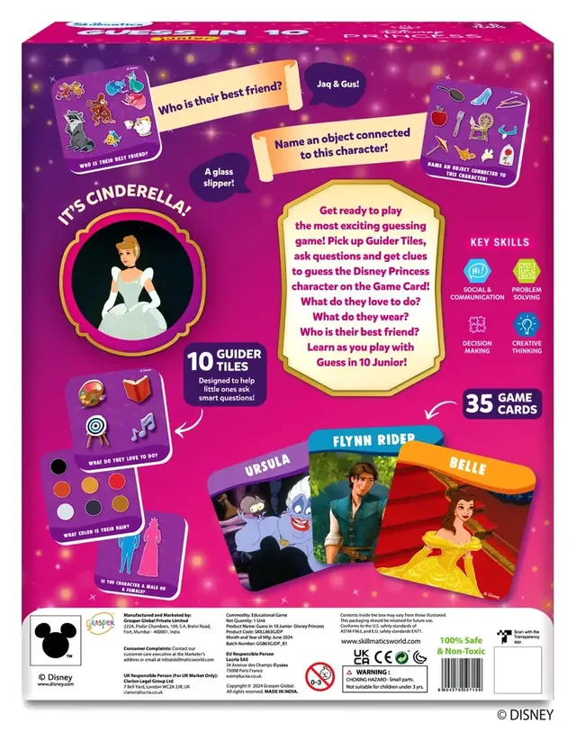 The back of the box, with Cinderella, guider tiles and sample cards of Ursula, Flynn Rider and Belle