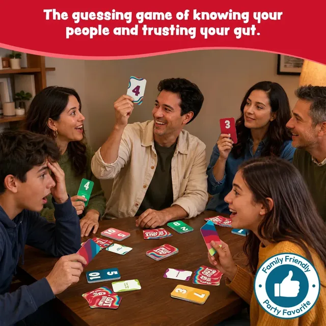 Friends around a table holding up numbered cards to guess