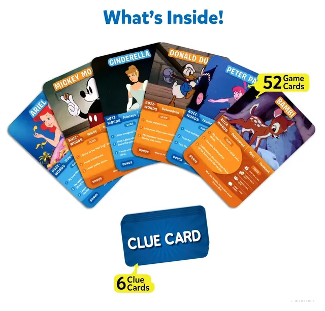 Fanned Disney game cards, among them Ariel, Mickey Mouse, Cinderella, Donald Duck and Peter Pan, with a clue card: 52 game cards and 6 clue cards