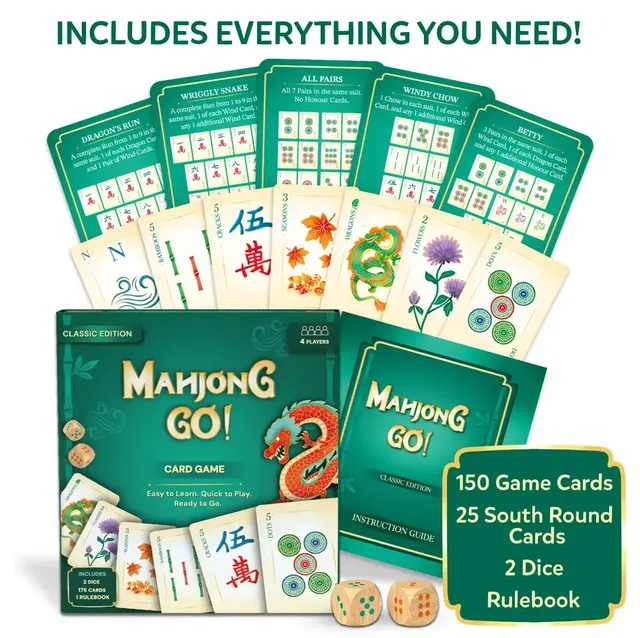 Mahjong cards, green South Round cards showing special hands, two dice and the instruction guide around the box