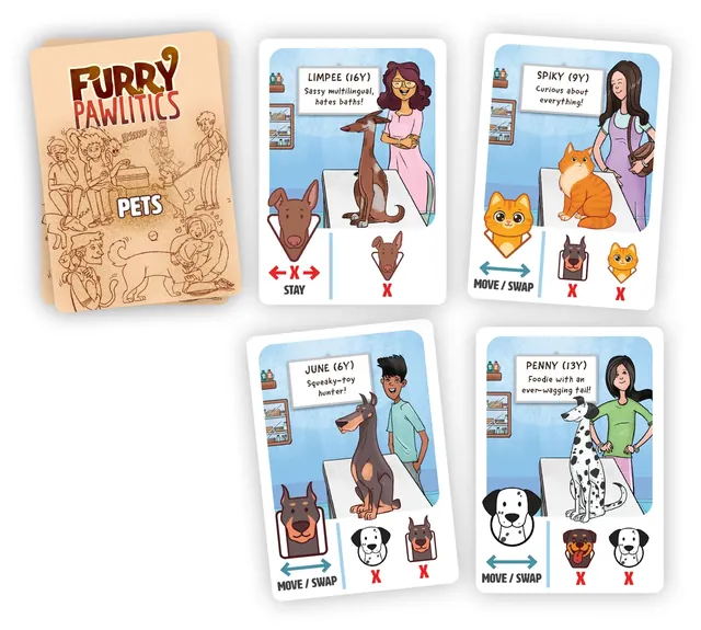 Pet cards with names, ages and quirks, such as Limpee, who hates baths, with move and swap icons