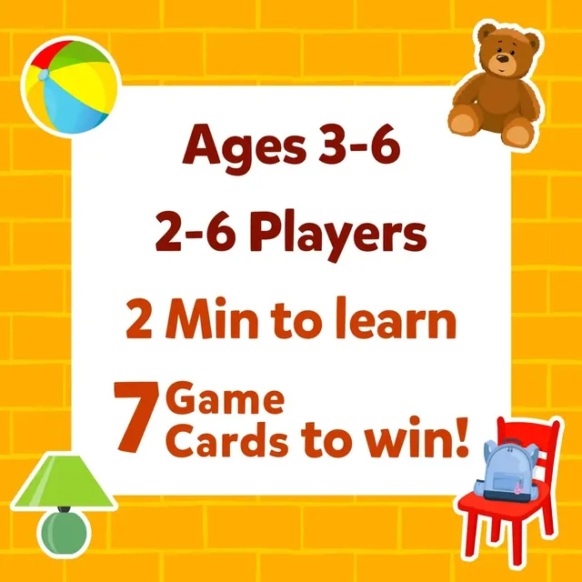 Panel reading Ages 3-6, 2-6 players, 2 minutes to learn and 7 game cards to win