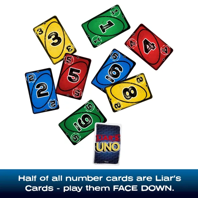 Liar's UNO number cards with black numbers, the Liar's Cards that are played face down