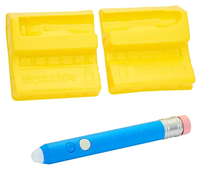 Two yellow device stands and the blue Pictionary Air 2 light pen