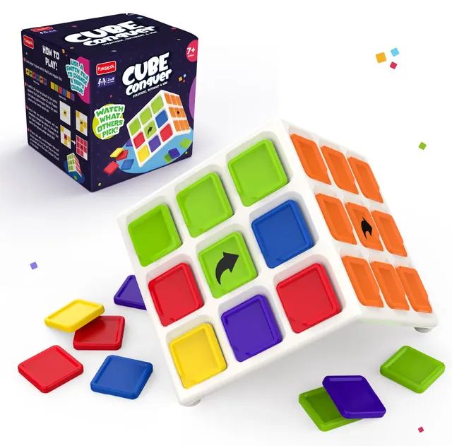 The white three-sided cube unit with coloured tiles in its squares and loose tiles in front