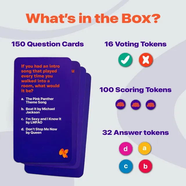 Binca's picture of the contents: 150 question cards, 16 voting tokens, 100 scoring tokens and 32 answer tokens