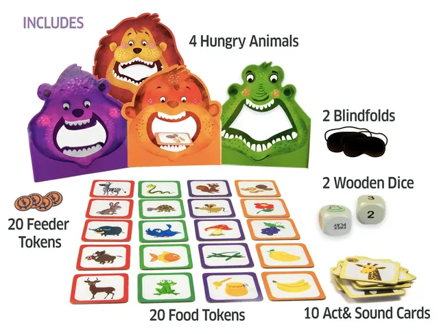 Includes: 4 hungry animals, 2 blindfolds, 2 wooden dice, 20 feeder tokens, 20 food cards and 10 act and sound cards