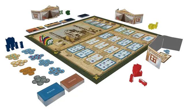 A render of the game set up: the Taj Mahal board, cards, coins, resource tokens and coloured meeples