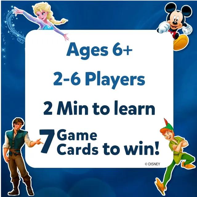 Panel reading Ages 6+, 2-6 players, 2 minutes to learn and 7 game cards to win, with Elsa, Mickey Mouse and Peter Pan
