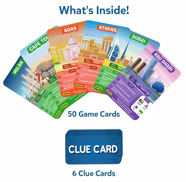 City game cards fanned out, such as Milan, Cape Town, Agra, Athens, Dubai and Abu Dhabi, with a blue clue card