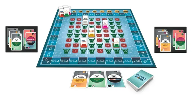 The Big Bull Junior board with company pawns on the market grid, share cards on either side and the deck in front