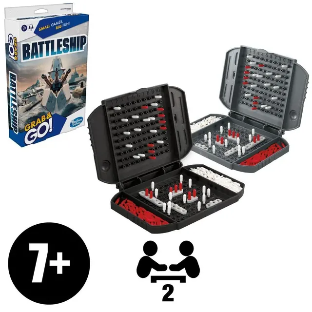 The box beside two open battle cases, with Hasbro's 7+ and 2 players marks