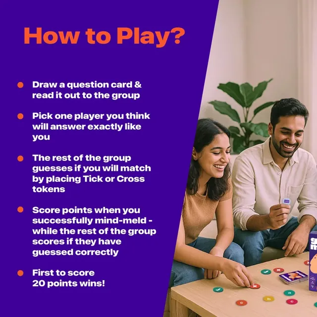 Binca's how-to-play picture beside two adults laughing over the cards and tokens