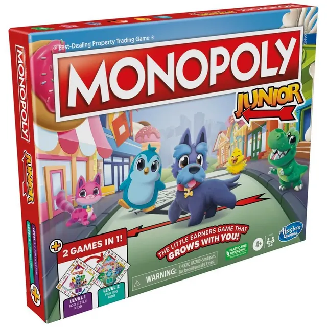 Hasbro's Monopoly Junior '2 Games in 1' box with cartoon animals on a town street