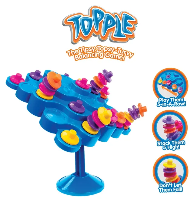 The blue stepped Topple tower on its stand, with stacks of pink, yellow, orange and purple pieces