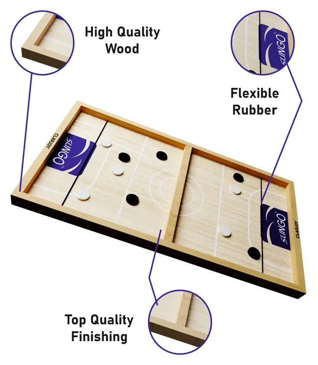 Clapjoy's Slingo board with labels pointing to the wooden frame, the rubber band at each end and the finish