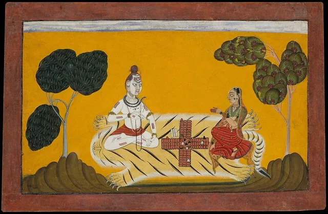 An Indian miniature painting of Shiva and Parvati playing chaupar on a cross-shaped board