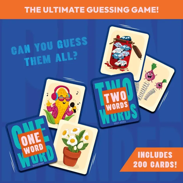 Picture-pun cards marked One word and Two words, with a badge saying the box includes 200 cards
