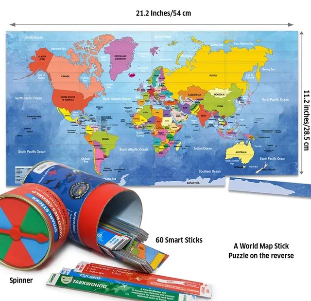 What's in the box: 60 smart sticks, the spinner and a world map stick puzzle of 54 x 28.5 cm on the reverse