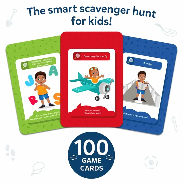 Three clue cards, green, red and blue, showing a child, a toy plane and a bridge, with a 100 game cards badge
