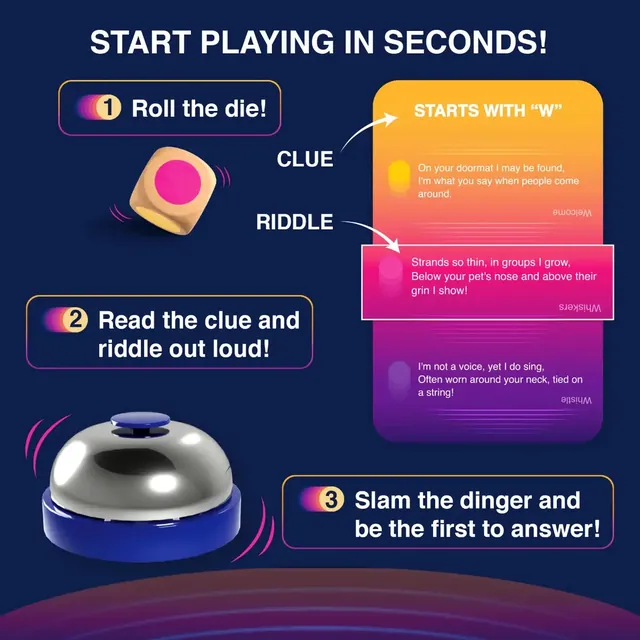 How to play: roll the die, read the clue and riddle out loud, then slam the dinger and be first to answer