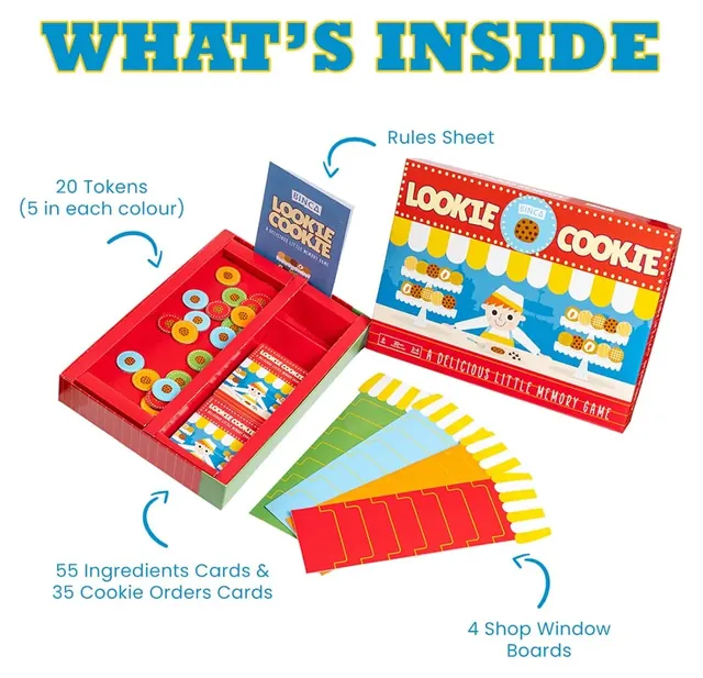 Binca's picture of the contents: tokens, ingredient and cookie order cards and four shop window boards