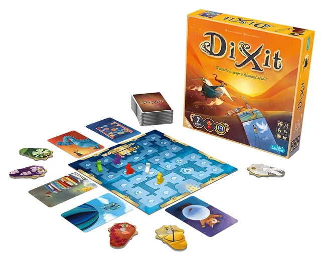 Dixit's contents: the scoring board, wooden rabbit pieces, voting tokens, cards and the box