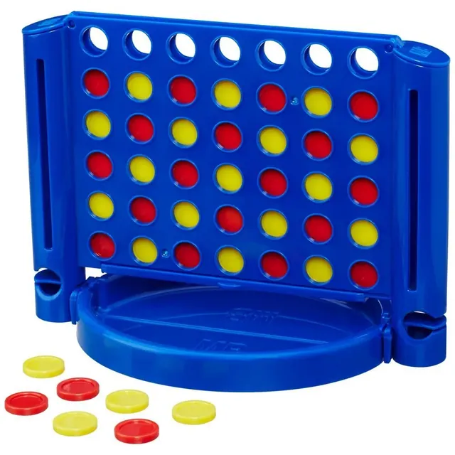 The small blue Connect 4 grid on its base, with red and yellow discs in front