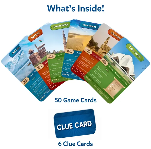 Game cards fanned out, such as Dal Lake, the Red Fort, the Qutub Minar, the Thar Desert, the Charminar and the Lotus Temple, with a blue clue card