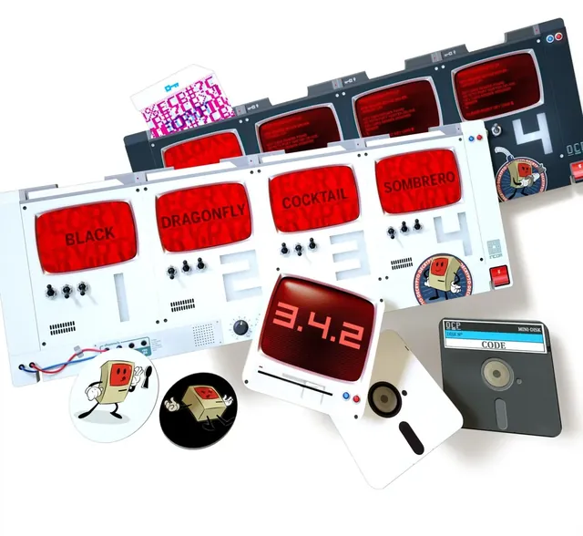 Decrypto screens holding four keyword cards under red windows, with a code card showing 3-4-2