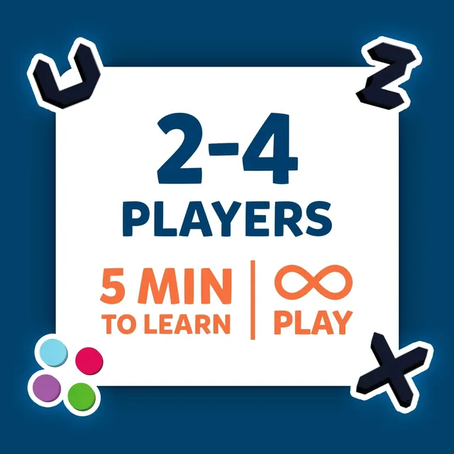 Panel reading 2-4 players and 5 minutes to learn, with black pieces and coloured dots